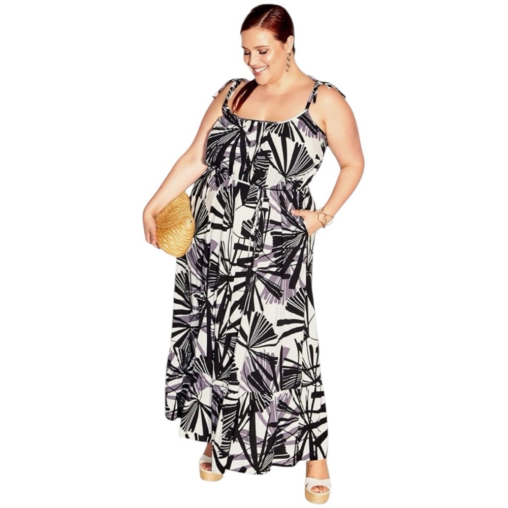 City Chic Palm Leaf Print Maxi Dress M 18 Sleeveless Sundress Black White